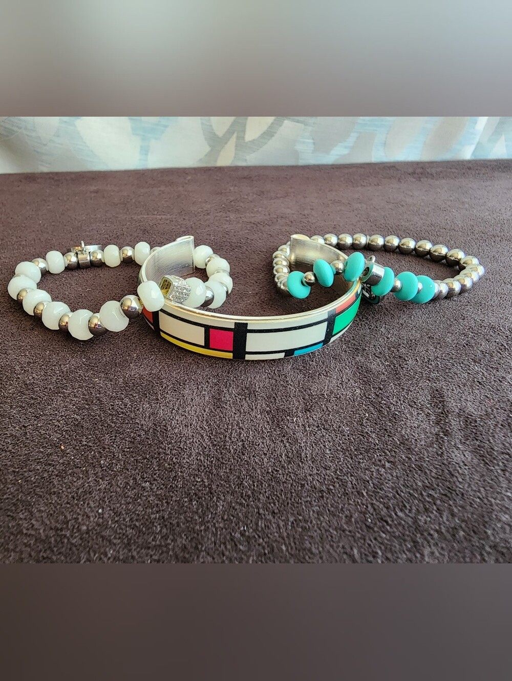 Rustic Cuff 3 Bracelet Lot Mondrian Enamel Cuff + 2 Beaded Stretch Bracelets